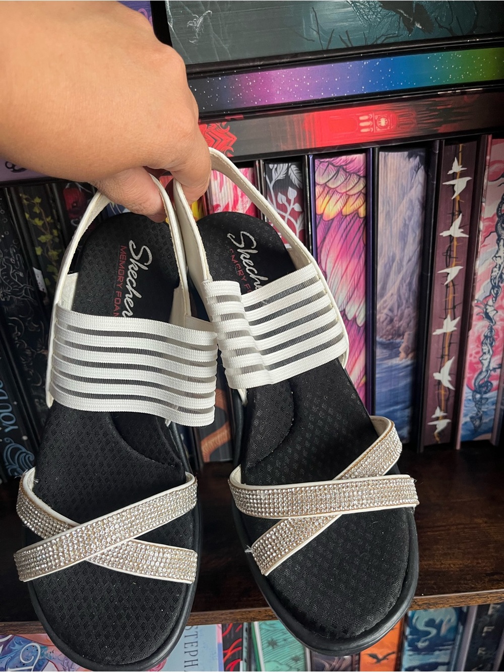 Skechers White Elastic Strappy Sandals with Rhinestone Crossover